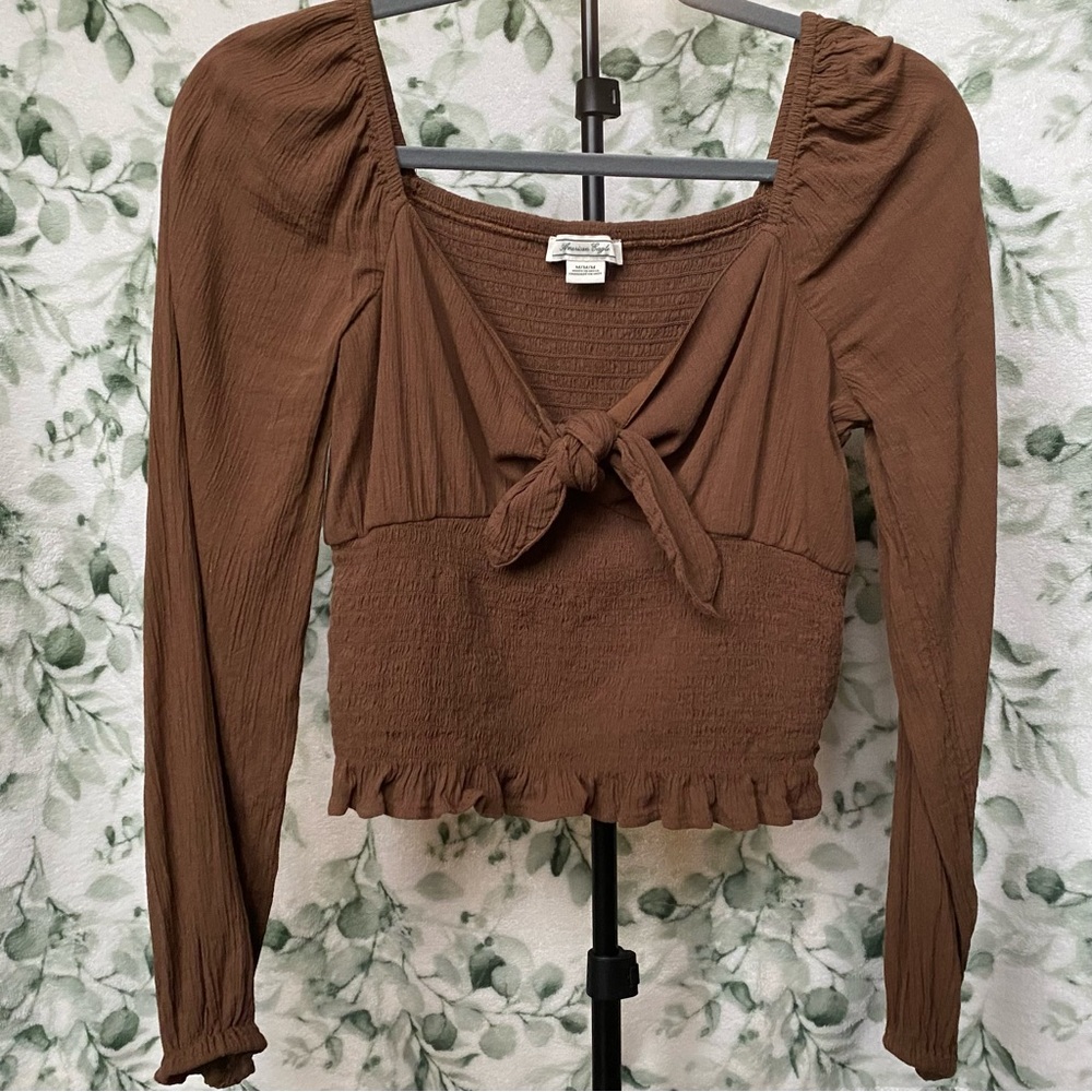 AE Long-Sleeve Smocked Tie-Front Blouse